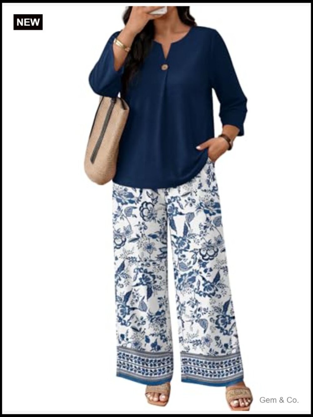 Two Piece Lounge Set 3/4 Sleeve V-Neck Top Wide Leg Pants Travel Outfit - Picture 4 of 6
